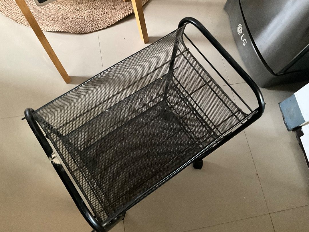 Metal 3-tier Cart with wheels (Category: Storage Boxes & Baskets) located in Pasig City. Submitted by rosequartzz_ (Listing ID 1464377486, Image 2). Description: Visible signs of wear Made of metal mesh, sturdy Can be used for organizing office/art materials.