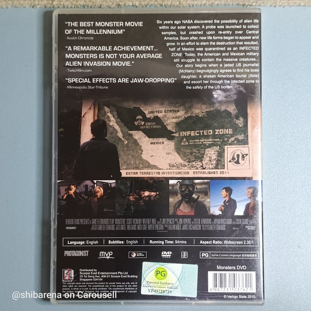Monsters DVD - Region 3 (Category: CDs & DVDs) located in Cebu City. Submitted by shibarena (Listing ID 1464454517, Image 2). Description: - Monsters DVD - Region 3 (Pre-owned) - Genre: Sci-fi Thriller - Plot: Aliens in Mexico ⚠️ Please ensure your DVD player supports Region 3 before purchase..