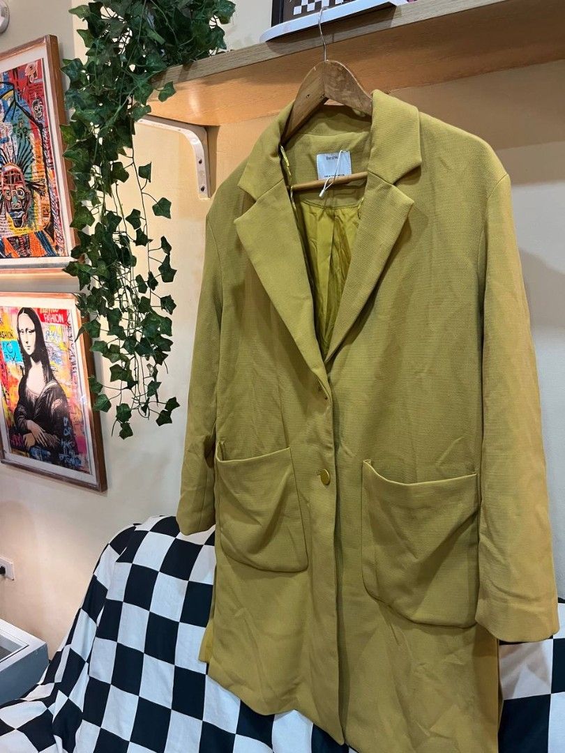 Mustard Classic Long Coat Bershka (Category: Coats, Jackets and Outerwear) located in Quezon City. Submitted by michypeachyy1 (Listing ID 1464494370, Image 2). Description: 500 plus shipment width 21.5 inches length 36 inches.
