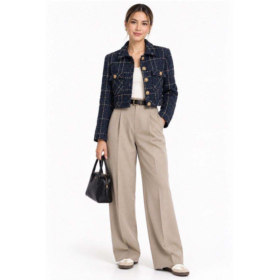 Navy & Gold Tweed Cropped Jacket | Fully Lined Classic Preppy Blazer Medium (Category: Coats, Jackets and Outerwear) located in San Jose del Monte. Submitted by vanessabarredo (Listing ID 1464487155, Image 2). Description: UNBRANDED / NO BRAND LIKE NEW Beautiful navy tweed cropped jacket with subtle cream/gold windowpane pattern and elegant gold-tone buttons. Features a structured boxy silhouette, front flap pockets, and full lining. Classic and 