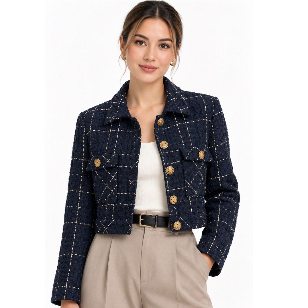 Navy & Gold Tweed Cropped Jacket | Fully Lined Classic Preppy Blazer Medium (Category: Coats, Jackets and Outerwear) located in San Jose del Monte. Submitted by vanessabarredo (Listing ID 1464487155, Image 1). Description: UNBRANDED / NO BRAND LIKE NEW Beautiful navy tweed cropped jacket with subtle cream/gold windowpane pattern and elegant gold-tone buttons. Features a structured boxy silhouette, front flap pockets, and full lining. Classic and 