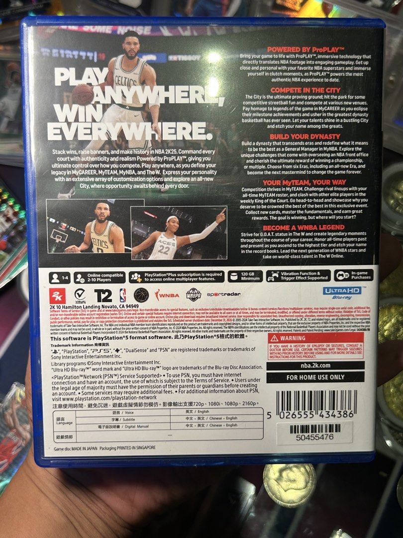 NBA 2K25 PS5 Game (Category: PlayStation) located in Iloilo. Submitted by jackpot.treasures (Listing ID 1464357349, Image 2). Description: - NBA 2K25 for PlayStation 5 - Play basketball anywhere, anytime - Build your legacy in MyCAREER, MyTEAM, and The W - Experience authentic NBA gameplay with ProPLAY technology - Online play requires PlayStation Plus subscription - Supports up to 4 players online - Blu-ray disc format.
