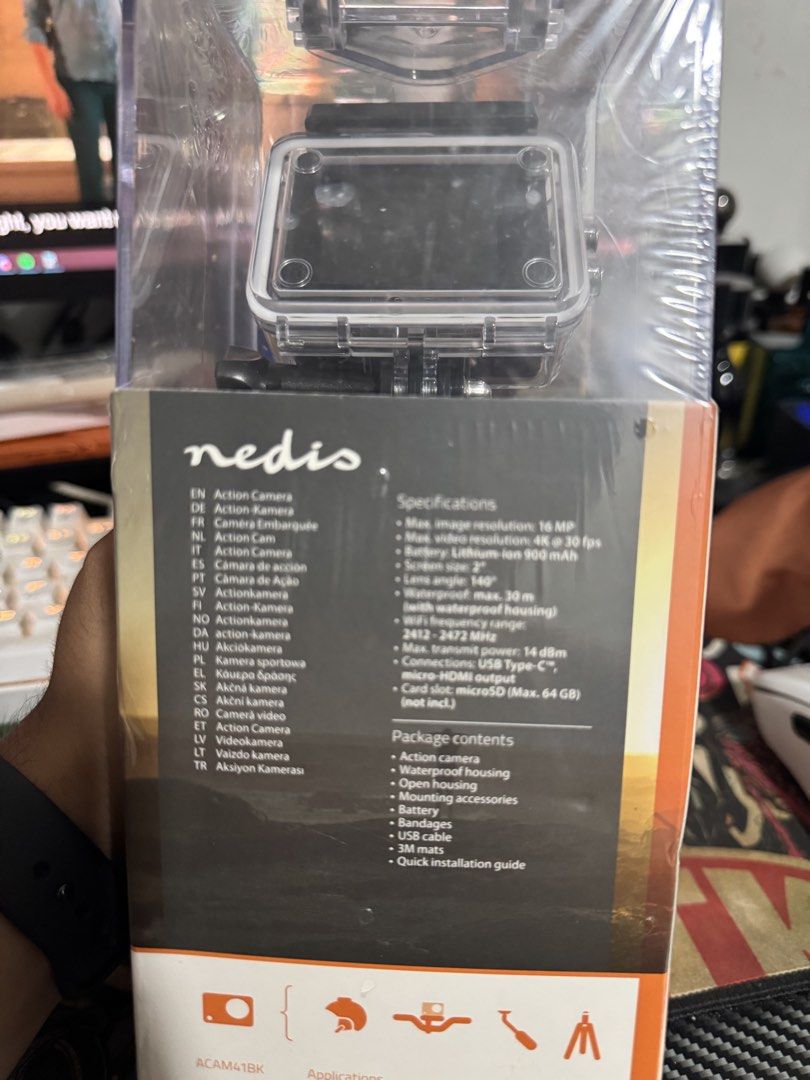 Nedis ACAM41BK Action Camera 4K Ultra HD (Category: Cameras) located in Manila. Submitted by misfits.ph (Listing ID 1464463572, Image 3). Description: - Record in crisp 4K Ultra HD resolution. - Waterproof up to 30 meters, perfect for adventures. - Built-in 2.0" screen for easy viewing. - Comes with a variety of useful accessories. - Control and manage your camera with a free mobile app (Android & iOS). - Modern USB Type-C connectivity. 1000 peso