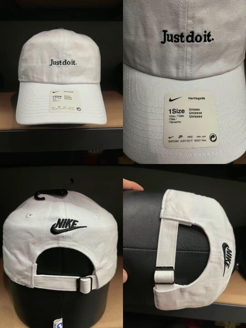Nike 100% Authentic Heritage86 "Just Do It." Cap - White (BELOW SRP) (Category: Caps & Hats) located in Valenzuela. Submitted by oseancollective (Listing ID 1464396230, Image 1). Description: 100% OG / Authentic. Money back guarantee if napatunayan na not legit. Brand / Style: Nike Heritage86 Cap (“Just do it.” Front Embroidery & Back NIKE Logo) Color: White / Black Embroidery Material: 100% Cotton Condition: Brand New with Tags (BNWT) Size: Adju