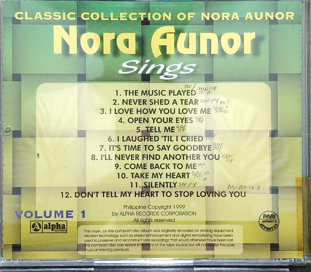 Nora Aunor Sings Classic Collection Volume 1 CD (Category: CDs & DVDs) located in Manila. Submitted by ruelcabrer77078 (Listing ID 1464556245, Image 3). Description: - Classic Nora Aunor Collection, Volume 1 - Features 12 iconic OPM tracks - Includes hits like 'The Music Played' and 'I Love How You Love Me' - Released by Alpha Records Corporation in 1999 - A must-have for fans of classic Filipino music.