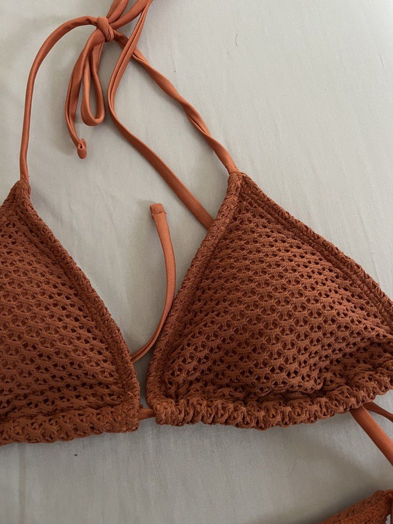 Orange Textured Two Piece Bikini Set (Category: Bikinis & Swimsuits) located in Paranaque City. Submitted by buyfelisha (Listing ID 1464406813, Image 2). Description: - Orange crochet bikini set - Triangle top with adjustable tie straps - Matching bottoms with adjustable tie sides - Size: S ✨ loc: Sucat Muntinlupa ✨ rfs: decluttering 💸 MOP: BDO, Unionbank, gcash, maya, seabank 🛵DELIVERY: Lalamove, Grab, J&T (Shouldered by buyer).