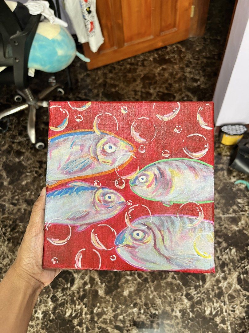 Original Fish Painting on Canvas (Category: Art & Prints) located in Manila. Submitted by francinne (Listing ID 1464445557, Image 1). Description: Title: “Fishies” Medium: Acrylic on stretched canvas Size: 12x12 inches With certificate of authenticity Payment will be made through GCash or Maribank. The customer will shoulder the shipping fee..