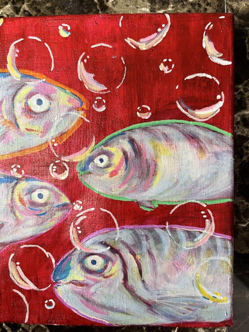 Original Fish Painting on Canvas (Category: Art & Prints) located in Manila. Submitted by francinne (Listing ID 1464445557, Image 2). Description: Title: “Fishies” Medium: Acrylic on stretched canvas Size: 12x12 inches With certificate of authenticity Payment will be made through GCash or Maribank. The customer will shoulder the shipping fee..