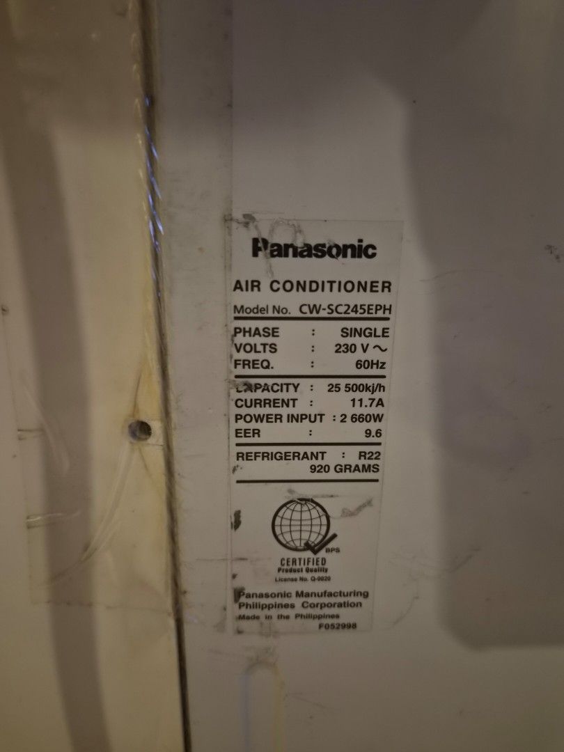 Panasonic 2.5 HP Window Type Air Conditioner (Category: Air Conditioning and Heating) located in Manila. Submitted by jeffrey_lagdameo (Listing ID 1464480382, Image 1). Description: The Panasonic CW-SC245EPH is a 2.5 HP standard (non-inverter) window-type air conditioner widely popular for cooling large spaces. It is known for its robust build quality, and powerful airflow.