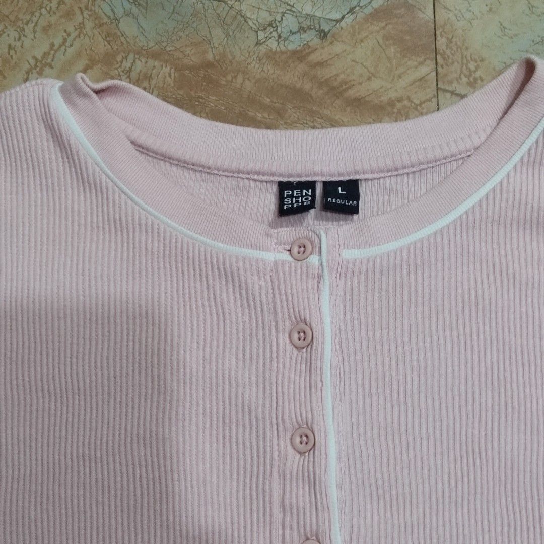 Penshoppe Pink Ribbed Henley Top | Short Sleeve Basic Tee (Category: Blouses) located in Valenzuela. Submitted by 0003c4 (Listing ID 1464440336, Image 2). Description: Soft pink color, Ribbed/stretchy fabric Round neckline, 4-button front detail Size: Large, rarely used location: Valenzuela mod: lalamove or jnt.