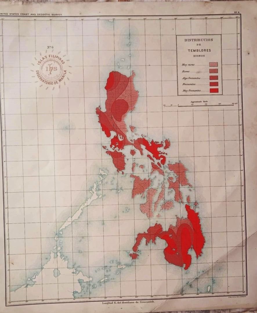 PHILIPPINES - GENERAL - EARTHQUAKES - 1899 Original Antique Map (Category: Vintage Collectibles) located in Bacolod City. Submitted by kuboantiques (Listing ID 1464430608, Image 1). Description: - Vintage map detailing earthquake distribution across the Philippines. - Illustrates varying levels of seismic activity. - Ideal for collectors or historical displays. Original 1899 Philippines Islands Map Title:- " Mapa Distibucion De Temblores Signos "