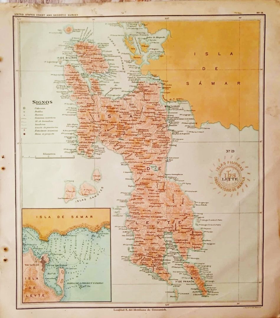 PHILIPPINES - LEYTE - BILIRAN 1899 Original Antique Map (Category: Vintage Collectibles) located in Bacolod City. Submitted by kuboantiques (Listing ID 1464442599, Image 1). Description: - Vintage map featuring Samar and Leyte islands, Philippines. - Includes a legend for symbols and a smaller inset map of Isla de Samar. - Ideal for collectors or history enthusiasts. Original 1899 Philippines Islands Map Title:- " Leyte " Publication & Date:- iss