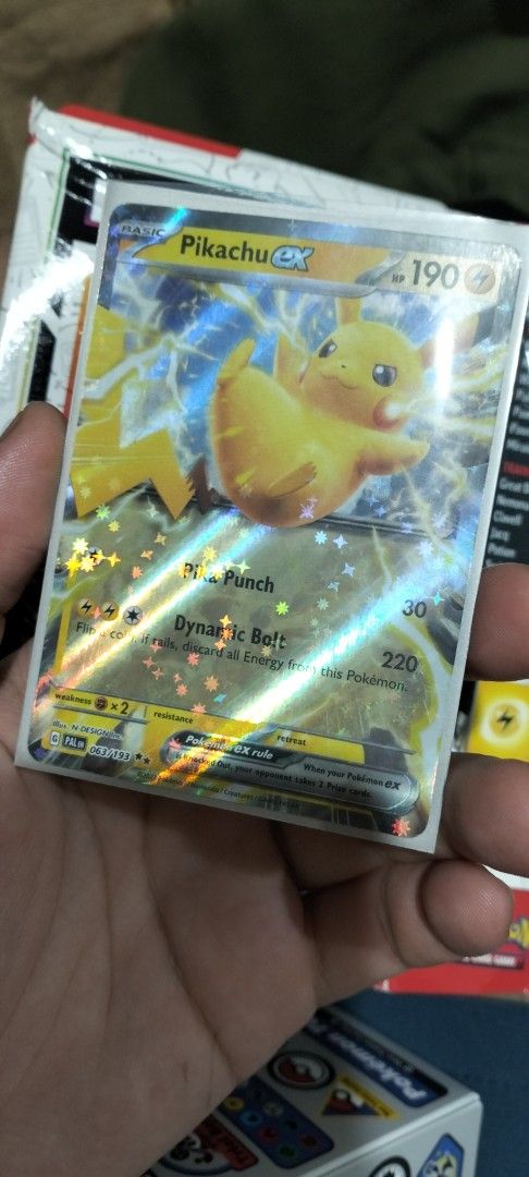 Pikachu 063/193 (Category: Raw Singles) located in Manila. Submitted by swifthorse.6a5ef0 (Listing ID 1464505094, Image 2). Description: - holographic Pikachu EX Pokemon card - Features 'Pika Punch' and 'Dynamic Bolt' attacks - Includes protective sleeve note: will deduct price if english Torterra card is offered (negotiable).