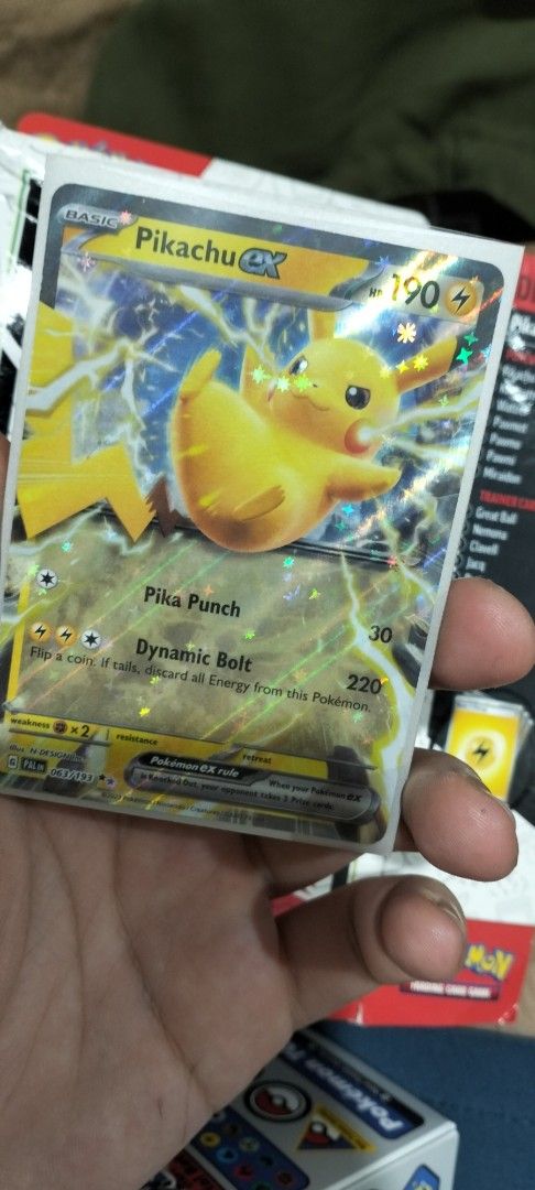 Pikachu 063/193 (Category: Raw Singles) located in Manila. Submitted by swifthorse.6a5ef0 (Listing ID 1464505094, Image 3). Description: - holographic Pikachu EX Pokemon card - Features 'Pika Punch' and 'Dynamic Bolt' attacks - Includes protective sleeve note: will deduct price if english Torterra card is offered (negotiable).