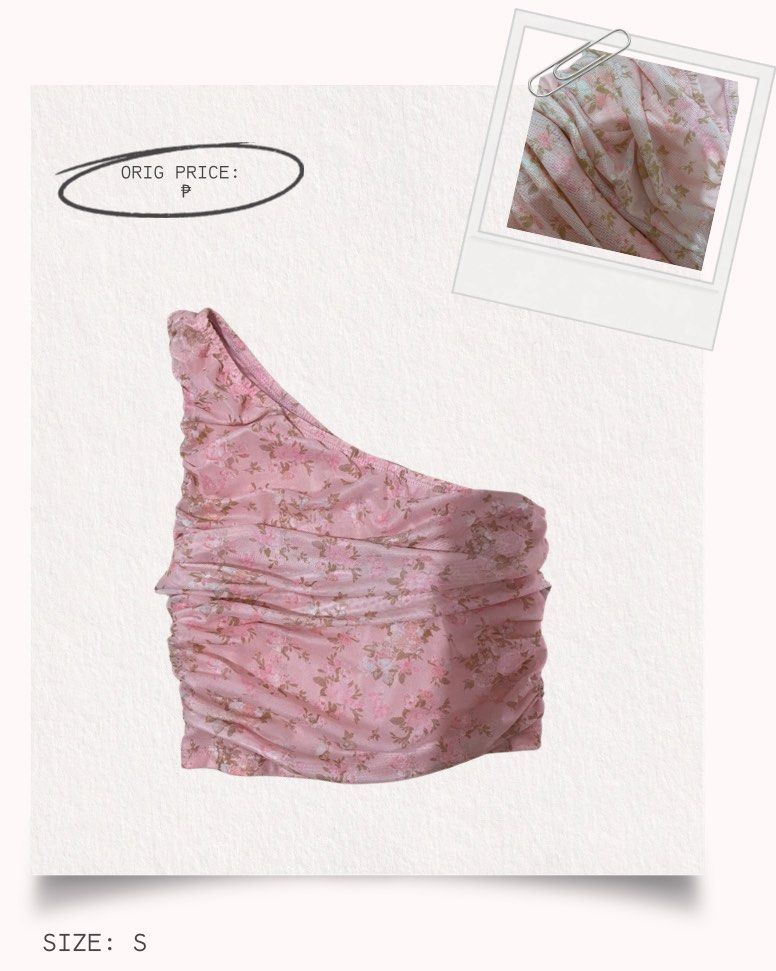 pink floral one shoulder top (Category: Sleeveless) located in Mandaluyong City. Submitted by rainiiah (Listing ID 1464382678, Image 1). Description: size s twice worn good as new no flaws.