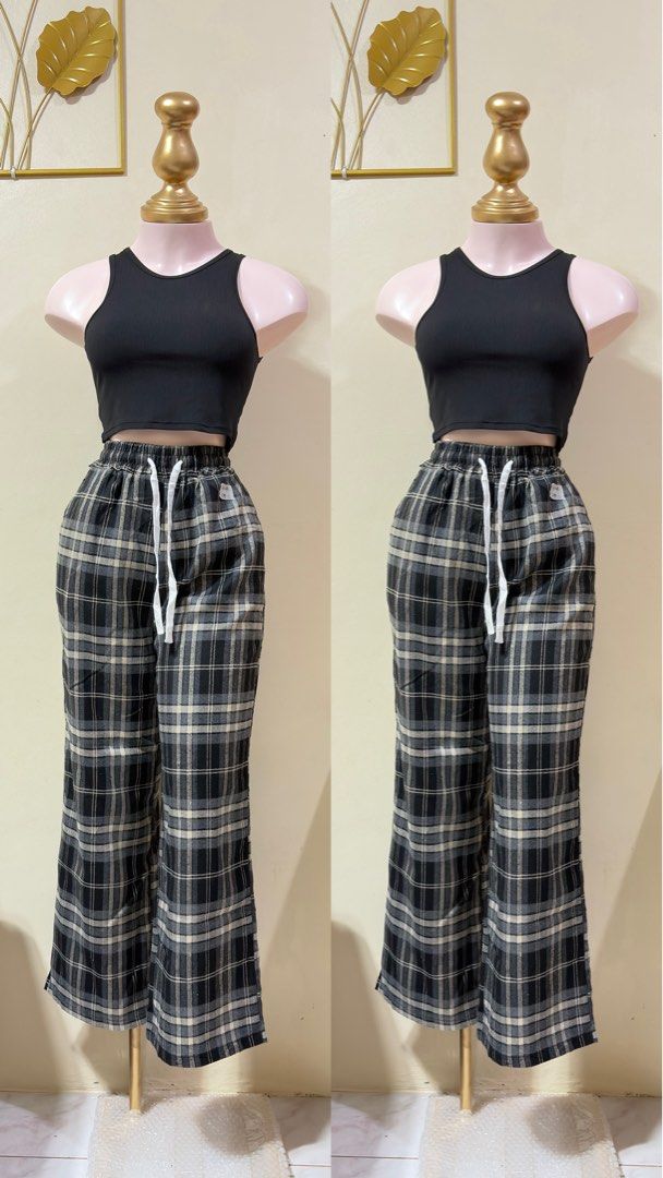 Plaid Wide Leg Pants with Drawstring Waist (Category: Trousers) located in Manila. Submitted by thrift.buddy.em (Listing ID 1464562540, Image 1). Description: Can ship SCO/J&T/LALAMOVE Located in Las Piñas City.