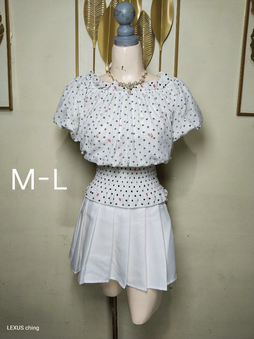 Polka dot off shoulder ruffled overlay top with pearl beading (Category: Blouses) located in Manila. Submitted by lexusthrift1995 (Listing ID 1464359377, Image 1). Description: Size- MEDIUM to LARGE Color rate- 10/10 Condition- 10/10 issue- no issue good condition ‼️150.pesos plus shipping fee 💸MODE OF PAYMENT- GCASH payment first 🚛MODE OF DELIVERY- J&T or LALAMOVE 📍LOCATION- NORTH CALOOCAN CAMARIN BRGY.177 1705 SUNFLOWER STREET. 🗒Note: Pleas