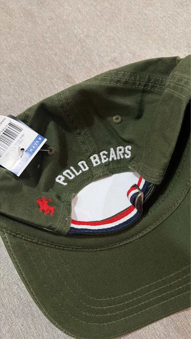 Polo Ralph Lauren Bear Cap (Category: Caps & Hats) located in Las Pinas. Submitted by jsm.g (Listing ID 1464526328, Image 3). Description: - Brand: Polo Ralph Lauren - Color: Green - Design: Iconic Polo logo with a cute bear graphic - Back Detail: Embroidered 'Polo Bears' - Size: One size fits all - Material: 100% Cotton - Style: Great for casual wear SAME CONDITION AND TAGS FOR ALL 4 COLORS (army green, evergreen, red, and white) 950 EACH.