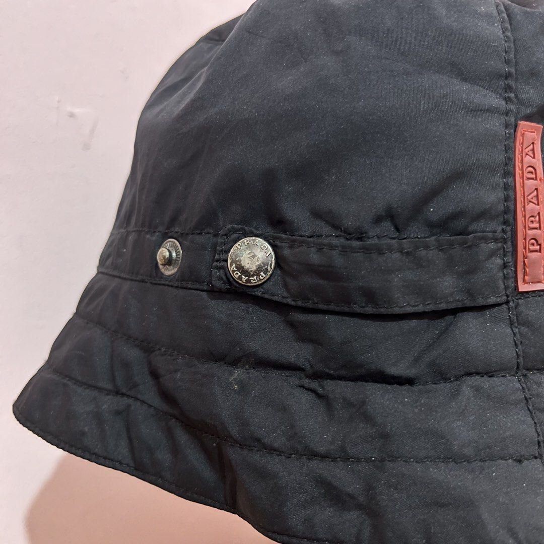 Prada Sport Red tab nylon bucket hat (Category: Luxury Apparel) located in Bacolod City. Submitted by rndm.wears (Listing ID 1464522785, Image 2). Description: Prada Sport Red Tab Nylon Bucket Hat OSFA no issues.
