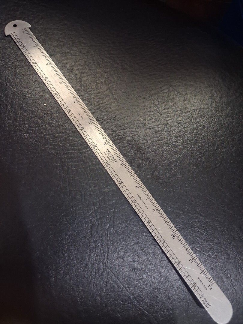 PRINTERS Type Guage Ruler 12" Made in USA (Category: Art & Prints) located in Mandaluyong City. Submitted by daddyjpanlilio24 (Listing ID 1464410610, Image 1). Description: P 250 FIX PRICE+SF 1 pc only 12" No issue Mandaluyong Shipping/Payment: Gcash/Maya Jnt payment 1st no cod Lalamove payment upon rider pick up.