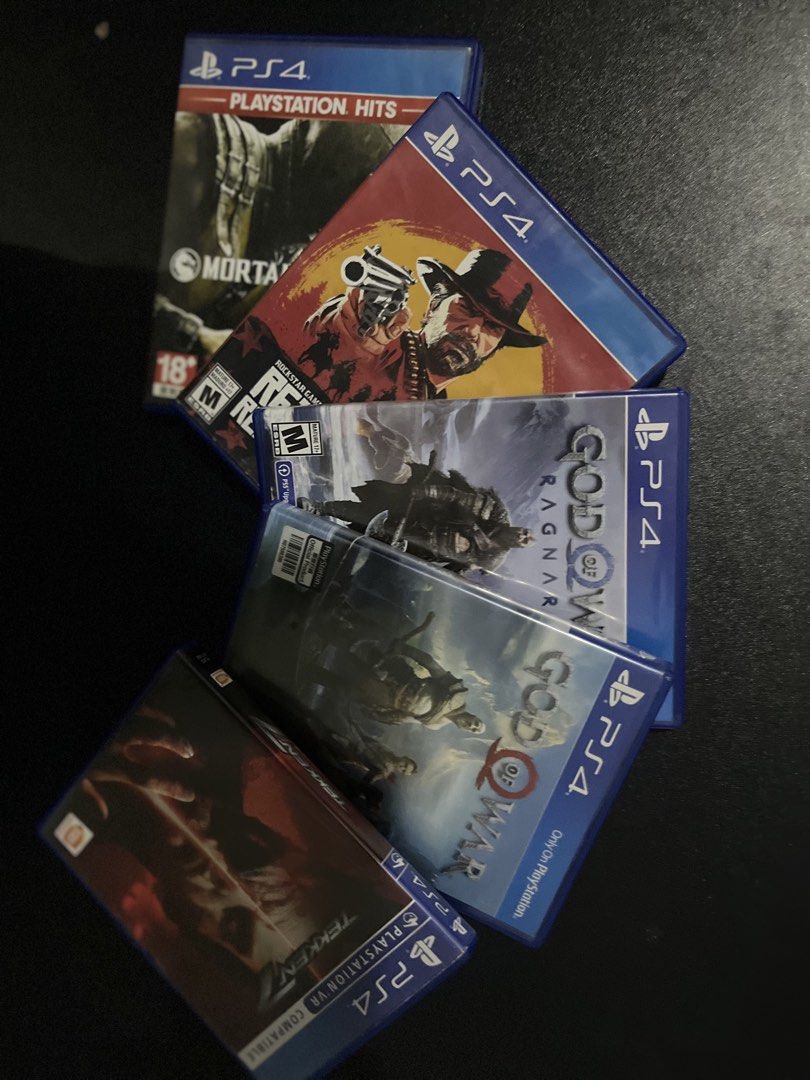 PS4 Games All Clean (Category: PlayStation) located in Gapan. Submitted by jamminandcrackin (Listing ID 1464460986, Image 1). Description: - Bundle includes 4 PS4 games: - Red Dead Redemption 2 - God of War Ragnarok - Tekken 7 - Original God of War - All game discs are in their original cases. - Perfect collection for your PlayStation 4..