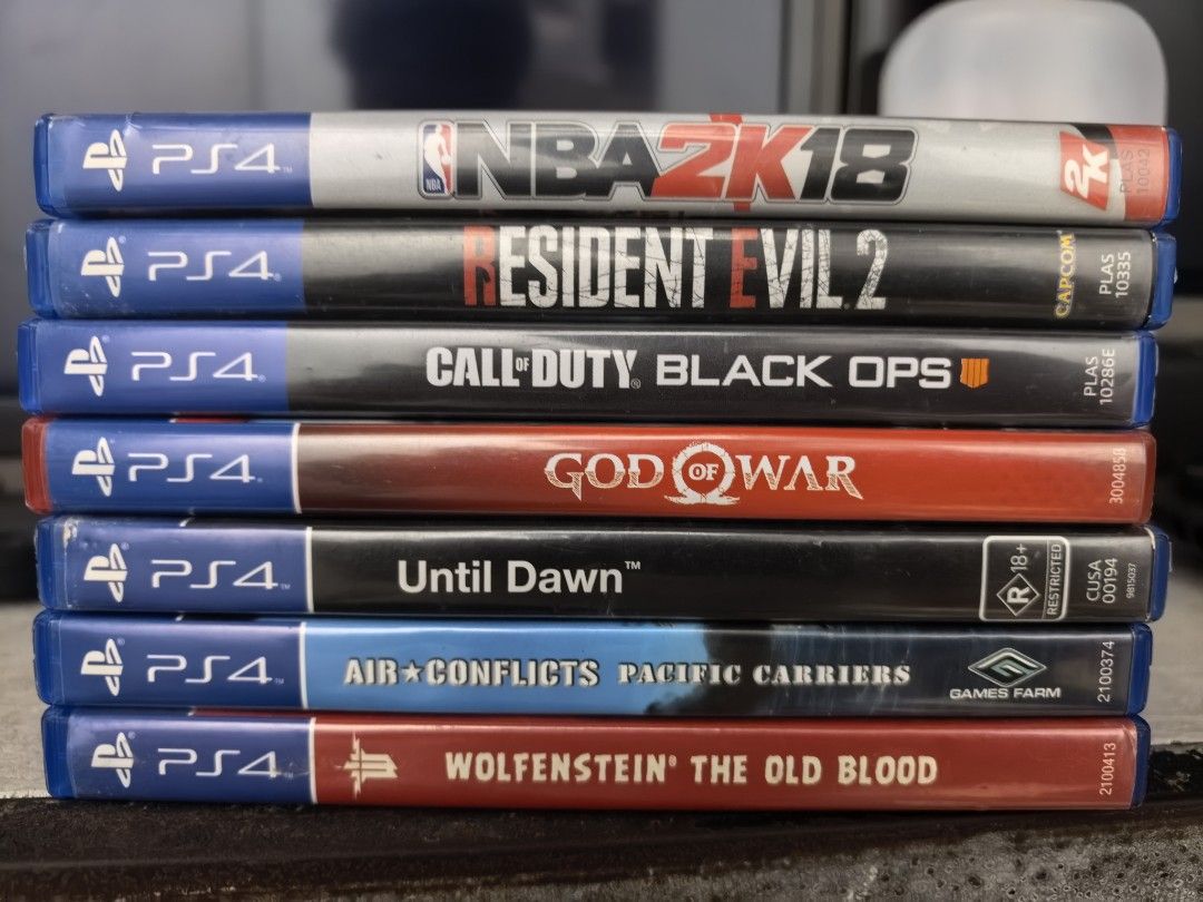 PS4 Games (Bundle) (Category: PlayStation) located in Marikina City. Submitted by dearfriend_02 (Listing ID 1464387776, Image 1). Description: For Sale as pack/bundle * NBA 2k18 * Resident Evil 2 * Call of Duty : Black Ops 4 * God of War * Until Dawn * Air Conflicts : Pacific Carriers * Wolfenstein : The Old Blood All in for 2.5k Pick-up : Dela Paz, Pasig City Thank you.
