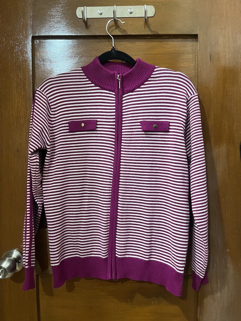 Purple Zip-Up Cardigan (Category: Coats, Jackets and Outerwear) located in Manila. Submitted by bbhzl (Listing ID 1464397647, Image 1). Description: - Purple and white striped zip-up cardigan with fake front pockets.
