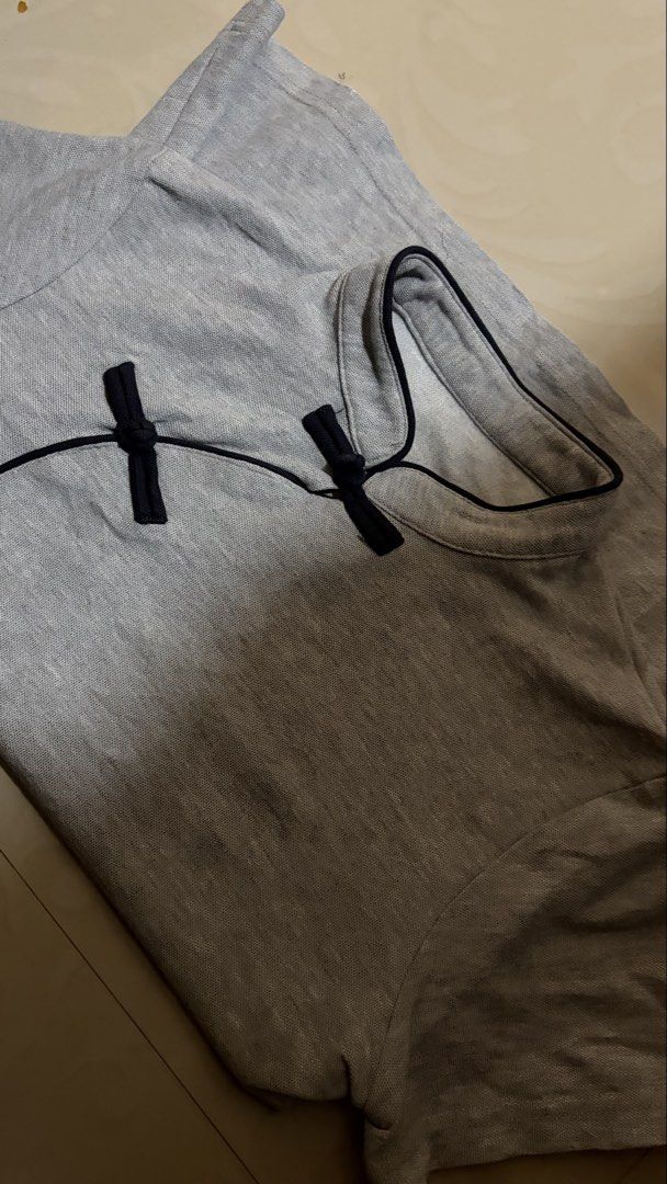 qipao top (Category: Shirts) located in Baguio. Submitted by iyychen (Listing ID 1464429845, Image 3). Description: gray with navy blue qipao top - no flaws - waist: 26 hip:32 .
