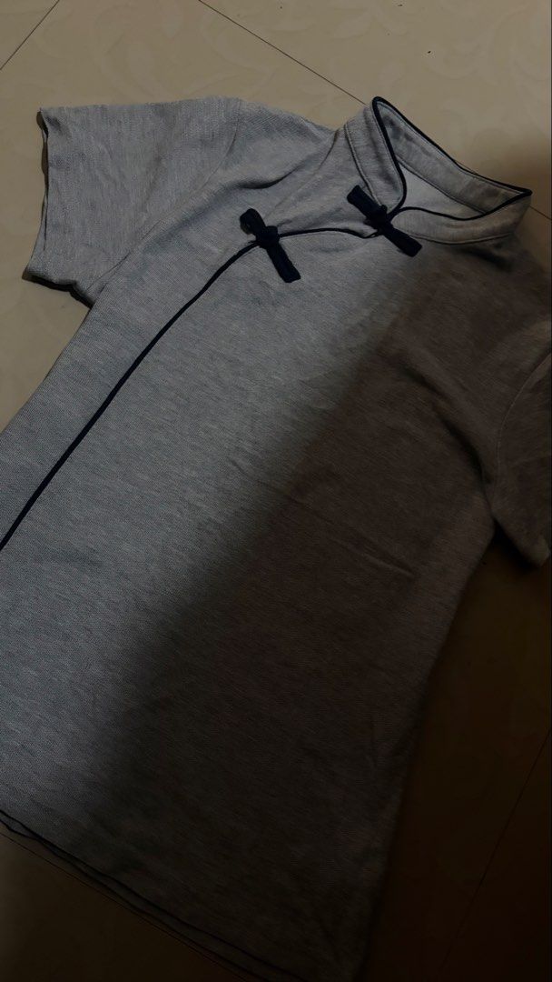 qipao top (Category: Shirts) located in Baguio. Submitted by iyychen (Listing ID 1464429845, Image 1). Description: gray with navy blue qipao top - no flaws - waist: 26 hip:32 .