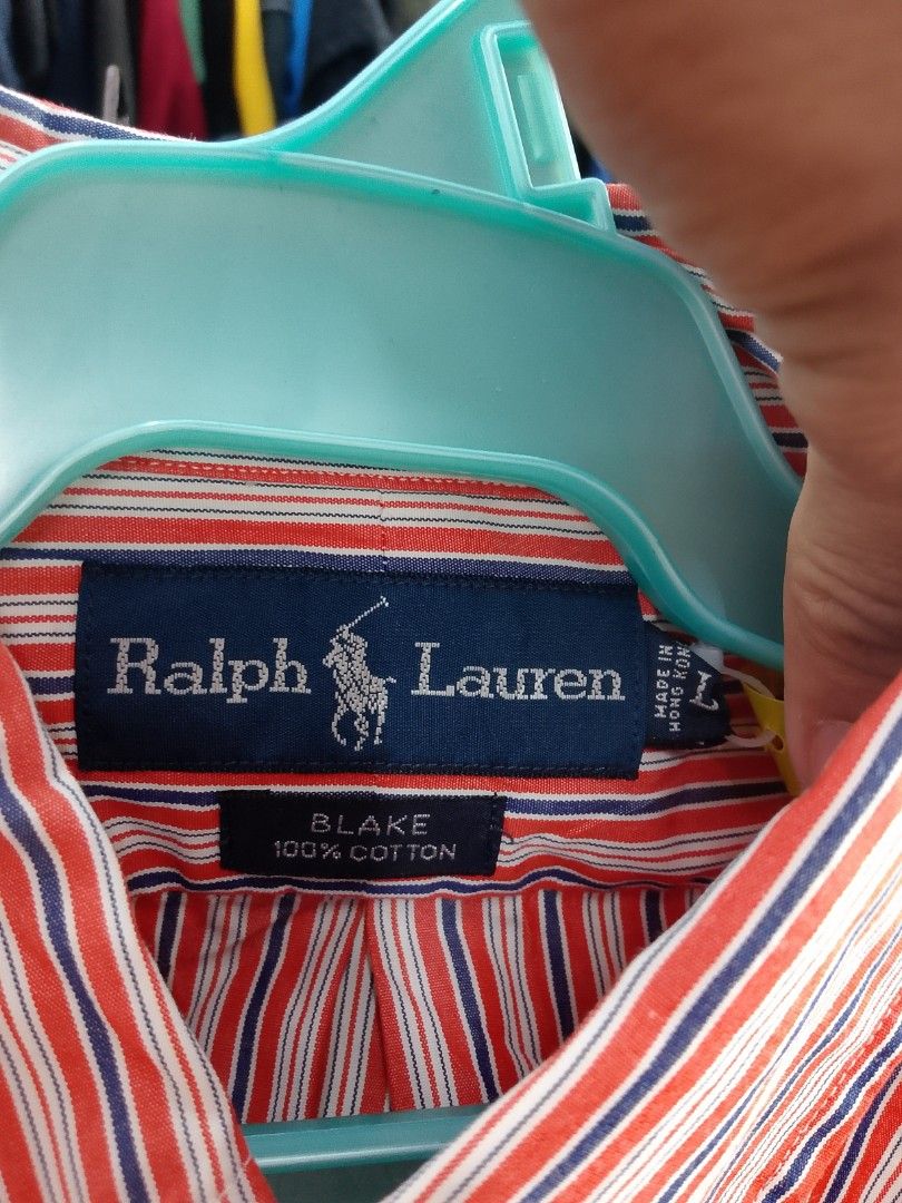 Ralph Lauren Blake & Slim Fit Shirts (Size L) (Category: Tshirts & Polo Shirts ) located in Iloilo. Submitted by janillthrifted (Listing ID 1464458642, Image 2). Description: - Two Ralph Lauren shirts, both size L. - Shirt 1: Red and white striped, Blake fit, 100% cotton. - Shirt 2: Light green, Slim Fit. - Ideal for casual and smart casual occasions. - Please check photos for detailed condition..