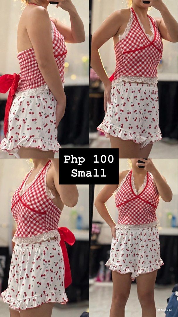 Red Gingham Cherry - Small (Category: Others Tops) located in Makati City. Submitted by mrnlsmrtnz (Listing ID 1464385821, Image 1). Description: Red gingham halter top with lace trim and cherry print shorts. Ruffled hems. Tie back. Size Small..