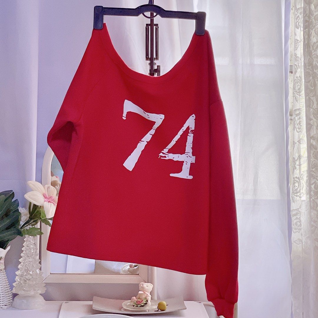Red Off-Shoulder Sweatshirt with "WITH YOU" Graphic (Category: Longsleeves) located in Las Pinas. Submitted by Kungjunim_Preloves (Listing ID 1464369802, Image 3). Description: Super cute and aesthetic vibrant red sweatshirt featuring an off-shoulder/wide-neck design and white typography text: “Of All The Places I Could Be, I Just Want To Be Here WITH YOU.” ❤️ Perfect for effortless street style, pairing with denim shorts, or baggy cargo pants! I