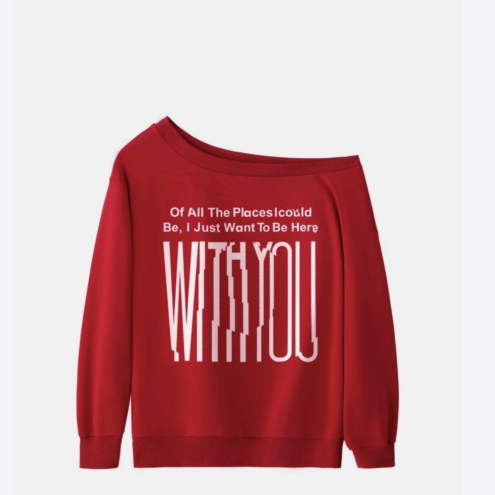 Red Off-Shoulder Sweatshirt with "WITH YOU" Graphic (Category: Longsleeves) located in Las Pinas. Submitted by Kungjunim_Preloves (Listing ID 1464369802, Image 1). Description: Super cute and aesthetic vibrant red sweatshirt featuring an off-shoulder/wide-neck design and white typography text: “Of All The Places I Could Be, I Just Want To Be Here WITH YOU.” ❤️ Perfect for effortless street style, pairing with denim shorts, or baggy cargo pants! I