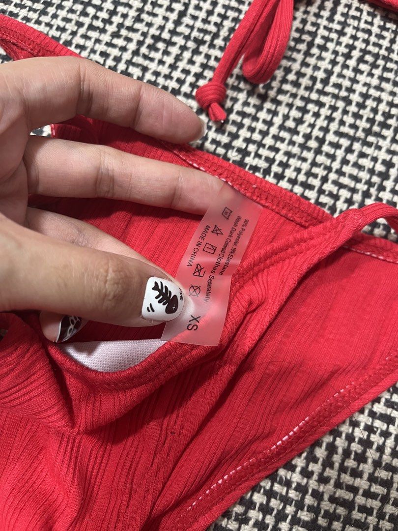 Red Ribbed Bikini Set XS (Category: Bikinis & Swimsuits) located in Manila. Submitted by _ReynGoAway (Listing ID 1464392065, Image 3). Description: - Red ribbed bikini set - Size XS - Features a tie-front top with adjustable straps - Matching tie-side bottoms - Message me if you're interested!.