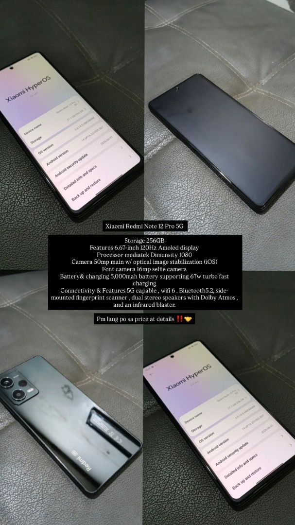 Redminote12pro 5h (Category: Android Others) located in Caloocan City. Submitted by free_mc1996 (Listing ID 1464416041, Image 1). Description: Xiaomi Redmi Note 12 Pro 5G Storage 256GB Features 6.67-inch 120Hz Amoled display Processor mediatek Dimensity 1080 Camera 50mp main w/ optical image stabilization (iOS) Font camera 16mp selfie camera Battery& charging 5,000mah battery supporting 67w turbo fast charging Connectivity & Features 5G capable ,
