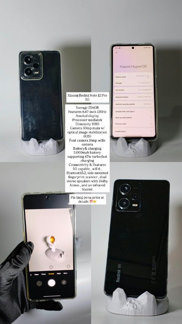 Redminote12pro 5h (Category: Android Others) located in Caloocan City. Submitted by free_mc1996 (Listing ID 1464416041, Image 2). Description: Xiaomi Redmi Note 12 Pro 5G Storage 256GB Features 6.67-inch 120Hz Amoled display Processor mediatek Dimensity 1080 Camera 50mp main w/ optical image stabilization (iOS) Font camera 16mp selfie camera Battery& charging 5,000mah battery supporting 67w turbo fast charging Connectivity & Features 5G capable ,