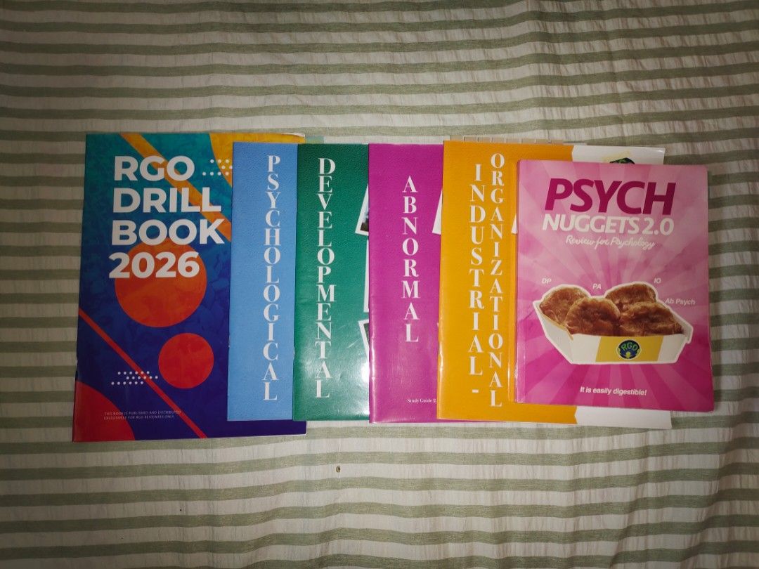 RGO PMLE Materials (2026) + Printed Reviewers (Category: Textbooks) located in Rizal. Submitted by shaaii7 (Listing ID 1464311189, Image 1). Description: Hello! Selling my RGO reviewers & drills + free printed reviewers from different sources like St. Aly and St. Anne. Yung mga materials na ito may mga highlights and sulat siya. Materials that I have: ✅RGO Psych Nuggets ✅RGO 4 Sub-booklets ✅RGO Drill Book (2026) & tests (with correct answers) ✅RG