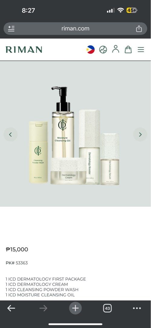 RIMAN ICD Dermatology First Package Skincare Set (Category: Face Care) located in Manila. Submitted by bago56479800175 (Listing ID 1464482265, Image 1). Description: - Brand new RIMAN ICD Dermatology First Package - Set includes: Cleansing Oil, Powder Wash, Cream, and Booster - Perfect addition to your skincare routine - Unused and in original condition - Original price: P15,000 - Amazing deal available now! -Plus free ICD Moisture layer sun prot