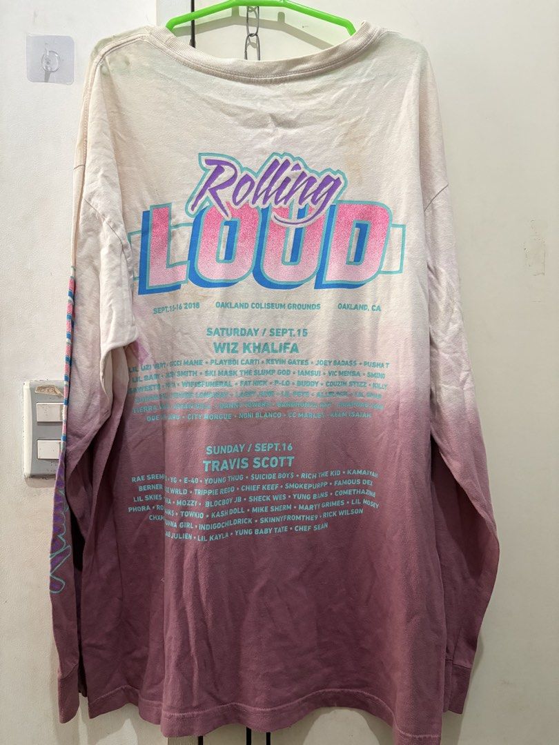 Rolling Loud 2018 Long Sleeve T-Shirt (Category: Tshirts & Polo Shirts ) located in Manila. Submitted by dominicoab75406 (Listing ID 1464374169, Image 2). Description: - Rolling Loud 2018 Oakland Coliseum Grounds Long Sleeve Tee - Features lineup for Sept 14, 15, & 16 - Includes performances by Wiz Khalifa and Travis Scott - Unique white to pink ombre dye effect - Ideal for music festival enthusiasts.
