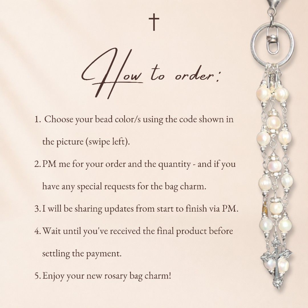 Rosary Bag Charms - Customizable Bead Colors (Category: Charms) located in Pasig City. Submitted by cetleo (Listing ID 1464450281, Image 3). Description: - Carry your faith with beautiful rosary bag charms. - Choose from a variety of bead colors. - Each charm includes a gift box. - Ideal for personal use or thoughtful gifting. - Message to order and discuss custom designs. - Payment is settled after you receive your charm..