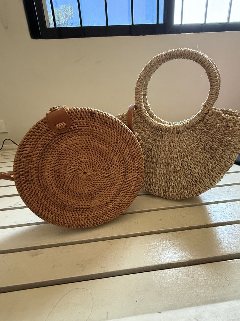 Round Straw Bag and Half Moon Straw Bag (Category: Beach Bags) located in Cagayan de Oro. Submitted by rayabm (Listing ID 1464421934, Image 2). Description: - Set of two unique woven straw bags - Round crossbody bag with adjustable leather strap - Half-moon shaped handbag with a comfortable top handle - Ideal for beach trips, vacations, and casual outings - Adds a touch of boho chic to any outfit.