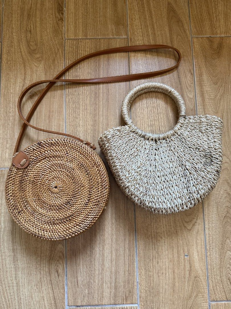 Round Straw Bag and Half Moon Straw Bag (Category: Beach Bags) located in Cagayan de Oro. Submitted by rayabm (Listing ID 1464421934, Image 1). Description: - Set of two unique woven straw bags - Round crossbody bag with adjustable leather strap - Half-moon shaped handbag with a comfortable top handle - Ideal for beach trips, vacations, and casual outings - Adds a touch of boho chic to any outfit.