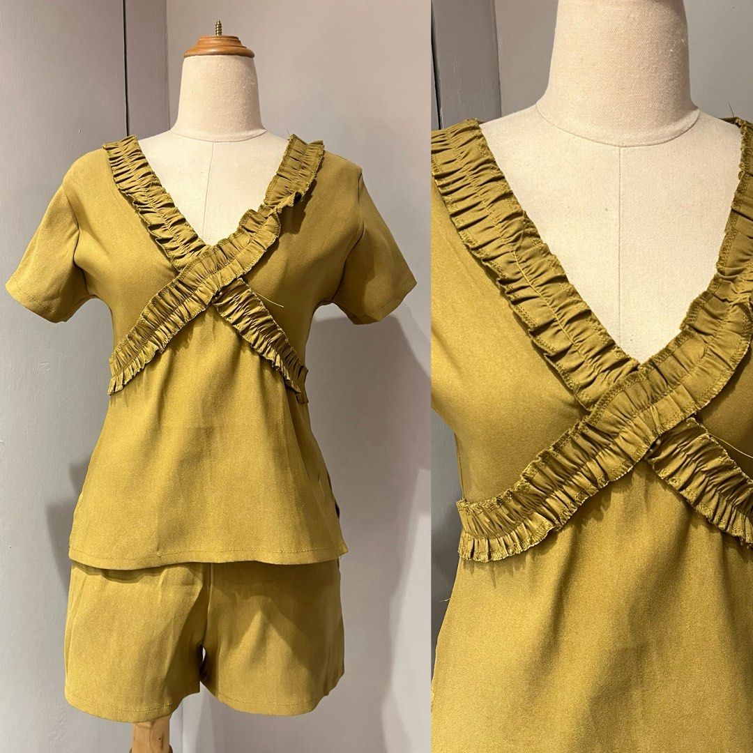 Ruffled Top & Shorts Coords Set (Category: Sets or Coordinates) located in Manila. Submitted by trish.b (Listing ID 1464378600, Image 2). Description: Size: Small-Medium Available colors: Black & Lemon .