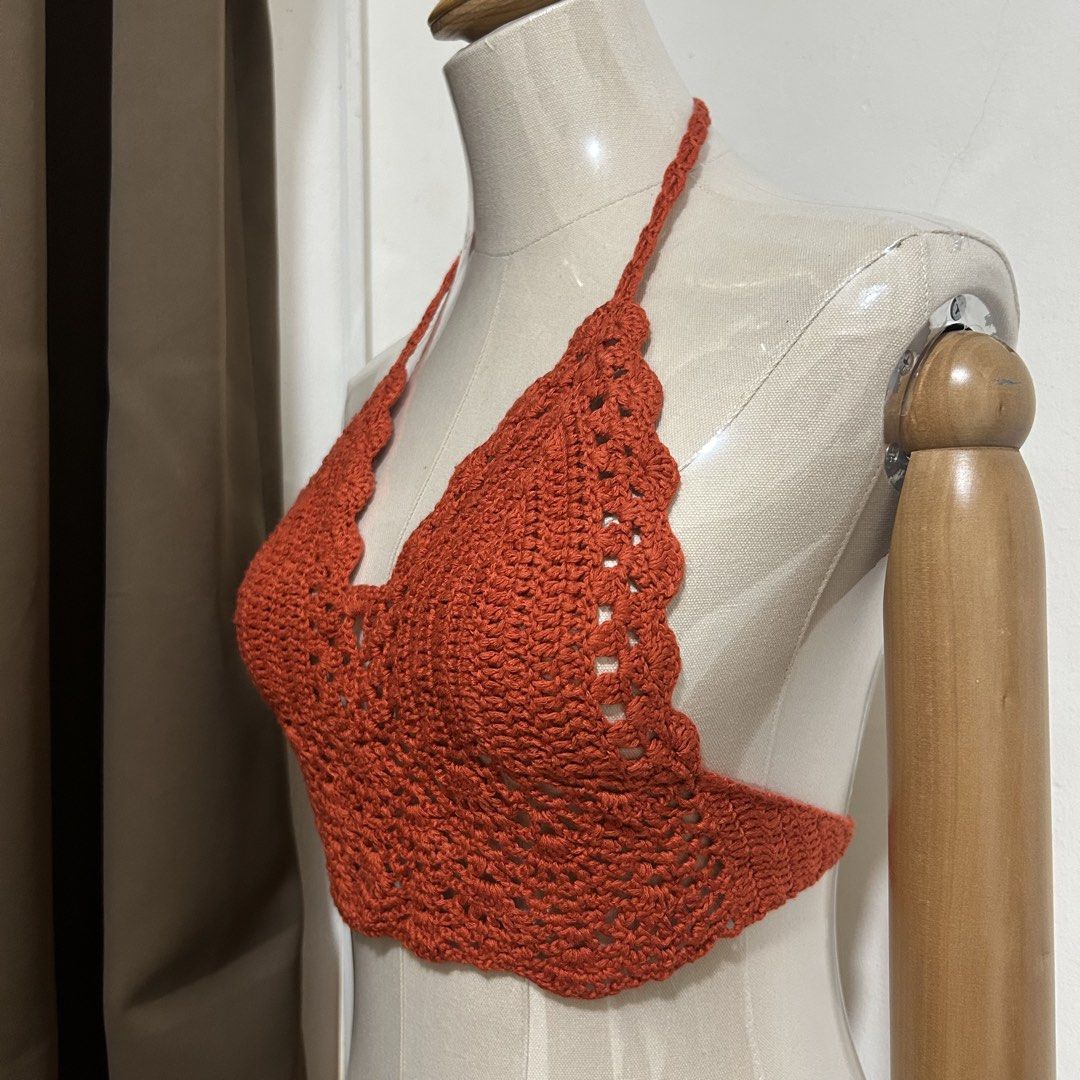 [S] Handmade Crochet Summer Halter Cropped Top (Category: Sleeveless) located in Tanza. Submitted by shop_qrated (Listing ID 1464444788, Image 2). Description: Handmade Crochet Summer Halter Cropped Top Handmade crochet halter top in a warm red orange color. Features a scalloped edge and a tie closure at the back. The halter straps are also crocheted. Perfect for a beach day or a summer outfit. This top is a unique, handcrafted piece. Last pic is