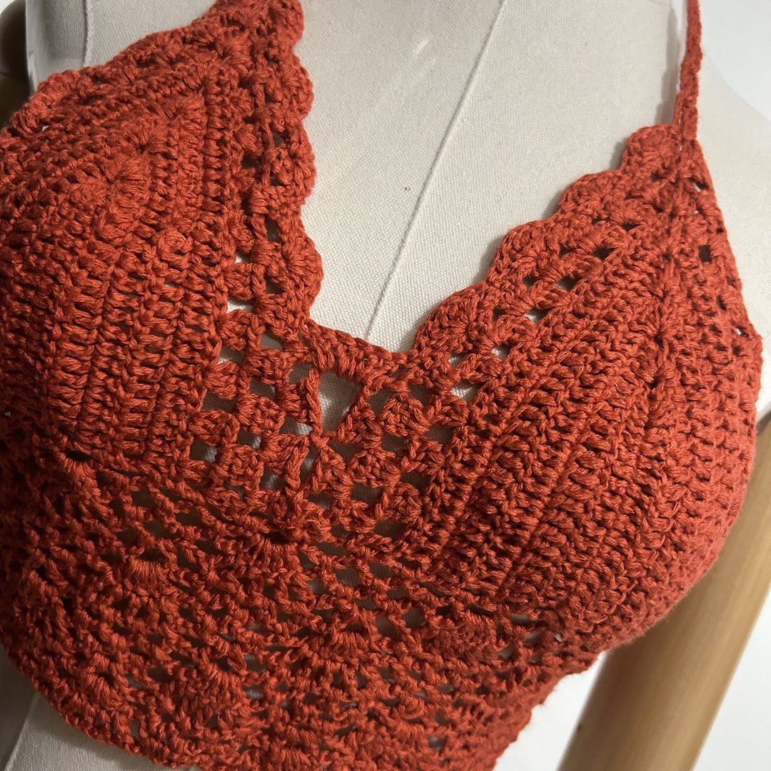 [S] Handmade Crochet Summer Halter Cropped Top (Category: Sleeveless) located in Tanza. Submitted by shop_qrated (Listing ID 1464444788, Image 3). Description: Handmade Crochet Summer Halter Cropped Top Handmade crochet halter top in a warm red orange color. Features a scalloped edge and a tie closure at the back. The halter straps are also crocheted. Perfect for a beach day or a summer outfit. This top is a unique, handcrafted piece. Last pic is