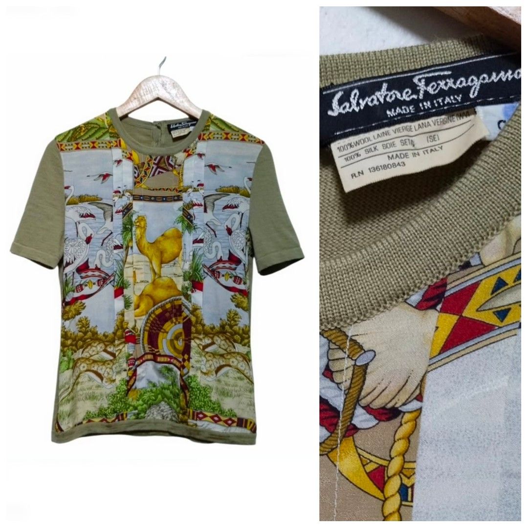 Salvatore Ferragamo Camel Print Shirt (Category: Luxury Apparel) located in Caloocan City. Submitted by modishthriftstore (Listing ID 1464519681, Image 2). Description: In excellent Condition S-M size Authentic Seasonal piece from Ferragamo silk front, knitted back.