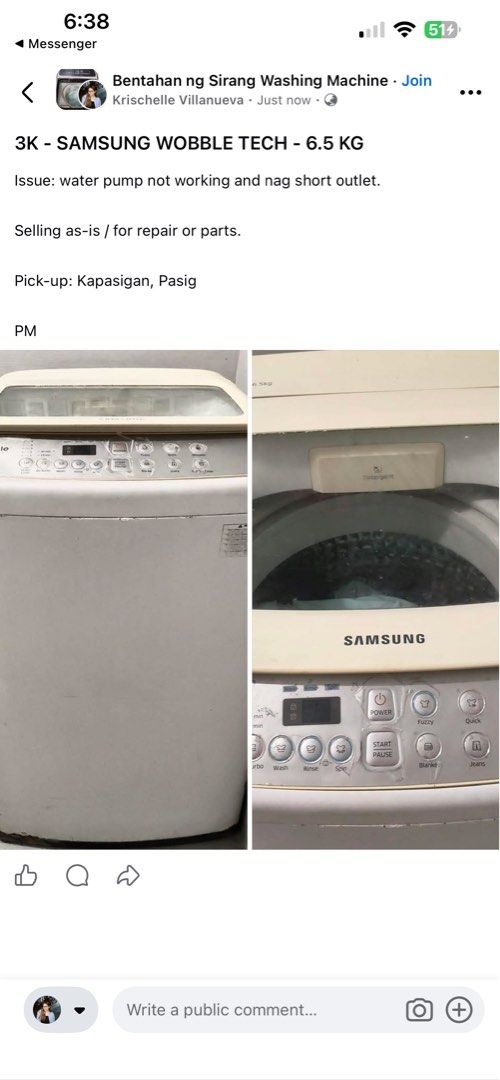 SAMSUNG WOBBLE TECH WASHING MACHINE (Category: Washing Machines and Dryers) located in Pasig City. Submitted by ischelle.16 (Listing ID 1464469879, Image 2). Description: Issue: water pump not working and nag short outlet. Selling as-is / for repair or parts. Pick-up: Kapasigan, Pasig PM .