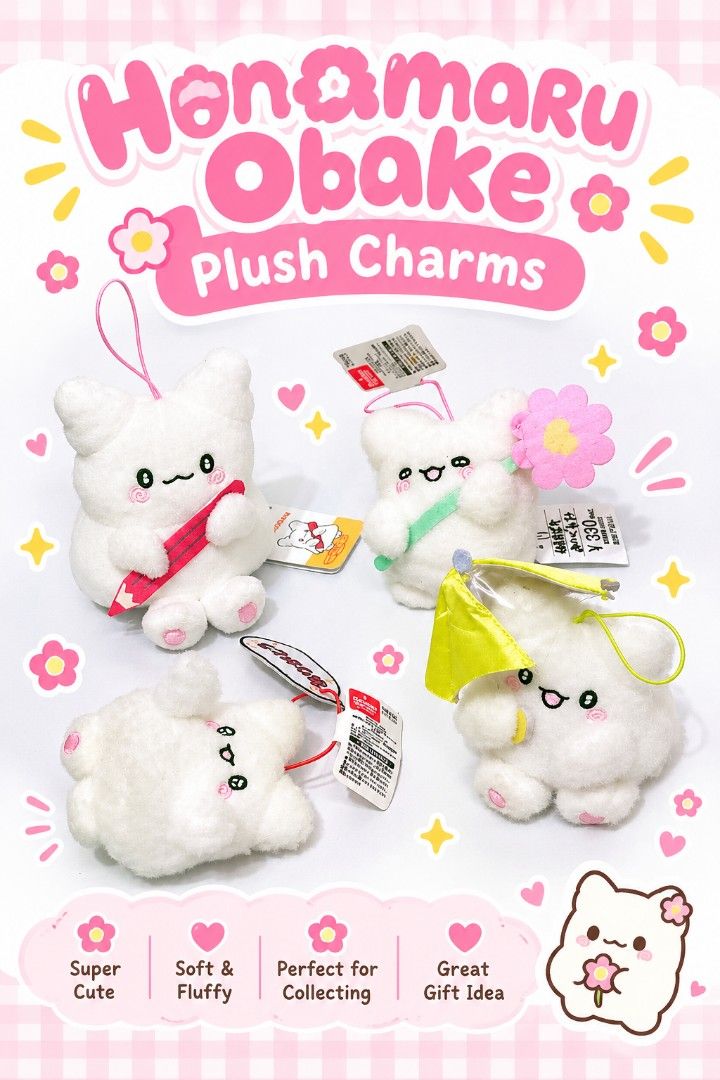 Sanrio Hanamaru Obake Plush Charms (Category: Plushies & Soft Toys) located in Antipolo. Submitted by bhabiegraciefashionlab (Listing ID 1464569496, Image 1). Description: ✨Sanrio Hanamaru Obake Plush Charms and Mascots Collection 1) Hanamaru Obake With Pencil Plush Charm 👉🏻380 2) Hanamaru Obake With Flower Plush Charm 👉🏻280 3)Hanamaru Obake With Umbrella Plush Charm 👉🏻380 4) Hanamaru Obake Plain Plush Charm 👉🏻280 🥳Take All 4pcs for Only
