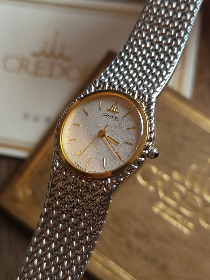 Seiko Credor "Cobra" (Category: Men's Watches) located in Caloocan City. Submitted by oddstar_db4479 (Listing ID 1464356463, Image 1). Description: Seiko Credor "Cobra" 18KT Solid Gold Bezel Snowflake Textured Linen Dial (1271-0010) ​Market Price : ₱70,000+‼️ Sale price : ₱38,000✅ ​Petite & ultra-slim luxury profile Rare "Cobra" style integrated woven mesh bracelet Complete bracelet links 18KT Solid Gold Bezel (Real Gold, NOT plated ✨) High-Accur