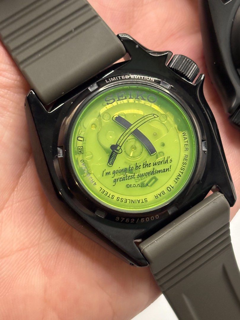 SEIKO ZORO SRPH67 (Category: Men's Watches) located in Manila. Submitted by jphilipg (Listing ID 1464396742, Image 2). Description: - Limited Edition Seiko 5 Sports x One Piece Collaboration Watch - Only 5000 pieces made worldwide, this is number 3752 - Features a reliable automatic movement - Striking green dial - Water resistant up to 10 bar (100 meters) - Includes original box and certificate of guarantee - A must-have for One Piece fans and w